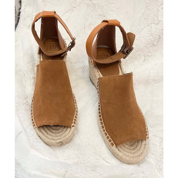 NEW GAP Espadrille Wedges Shoes Sandals Brown Suede Wedge Ankle Strap Open Toe - Picture 5 of 10